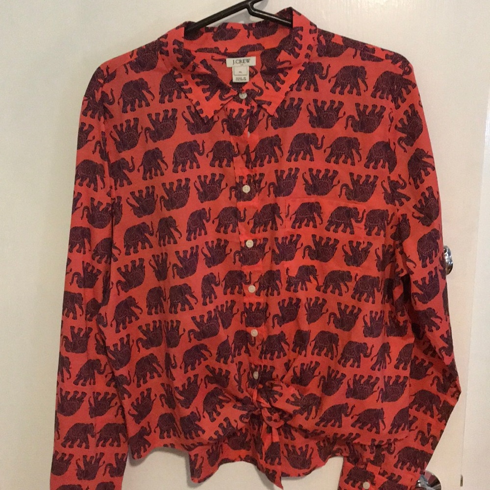 J Crew Top, cropped Red, navy blue elephants